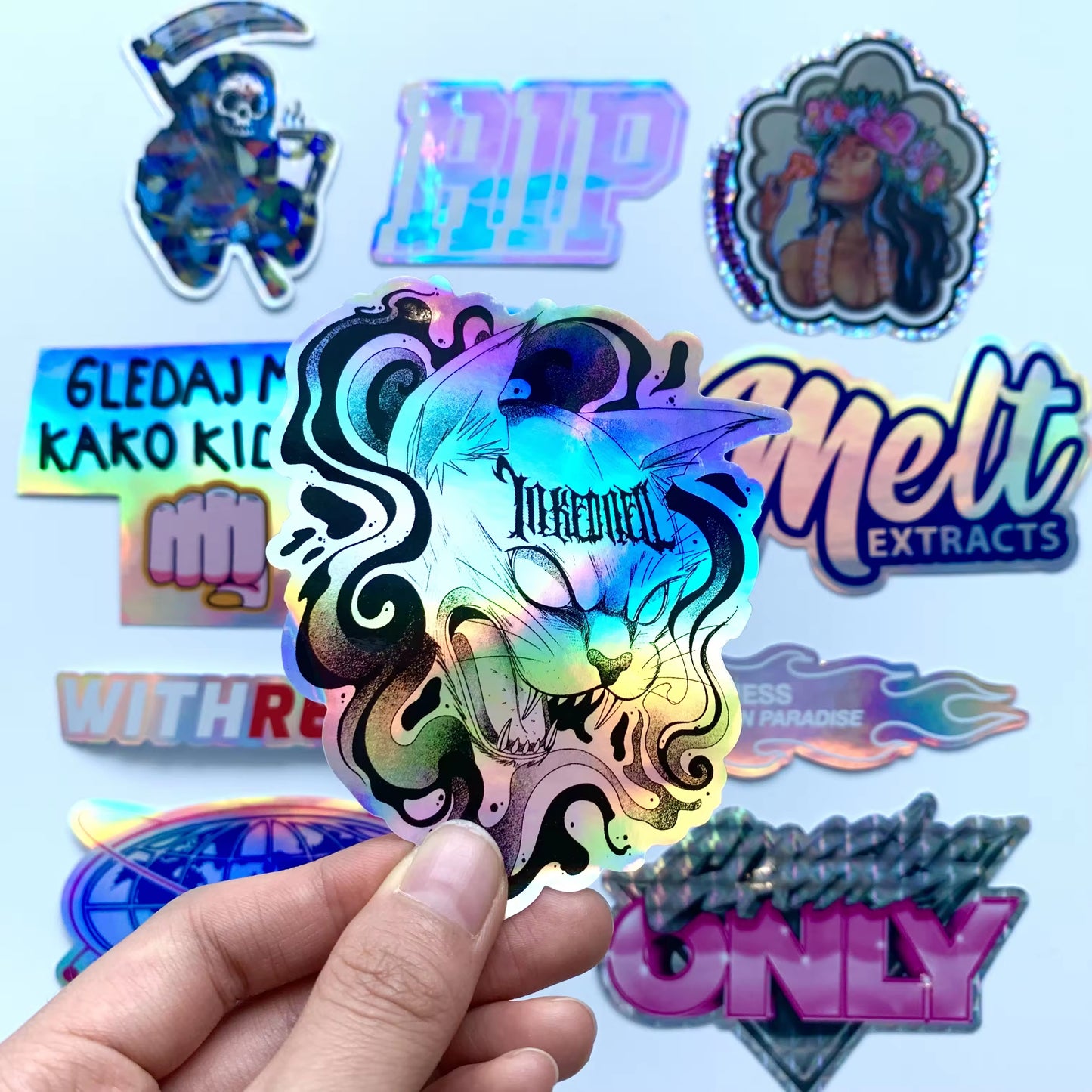 Popular Various Shape Customized Die Cut Kiss Cut Labels Low MOQ Wholesale Waterproof Hologram Holographic Glitter Sticker